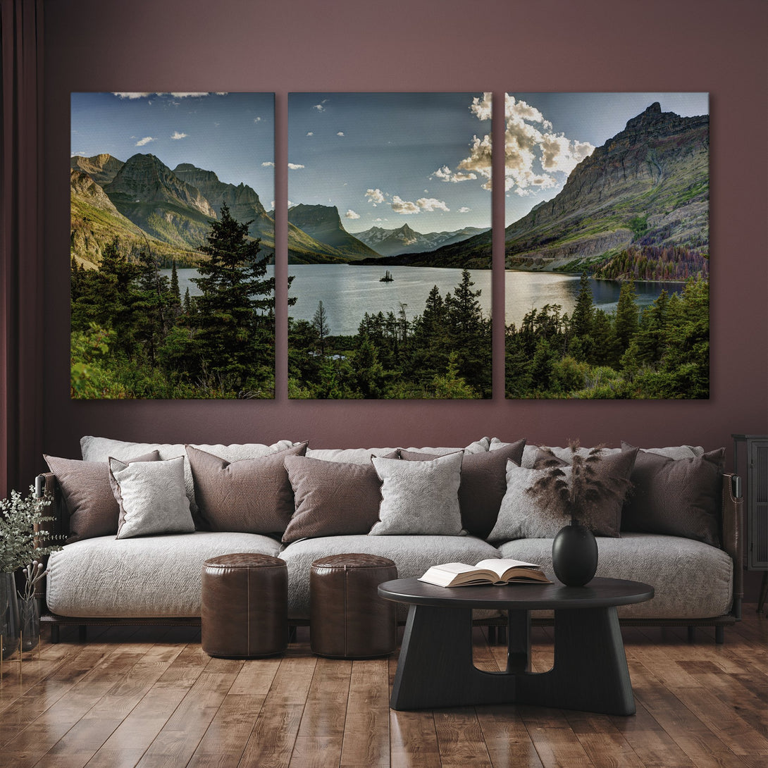 Canvas Print triptych of a serene mountain lake scene, featuring lush green trees and a blue sky. Earthy tones create a calming, natural aesthetic.