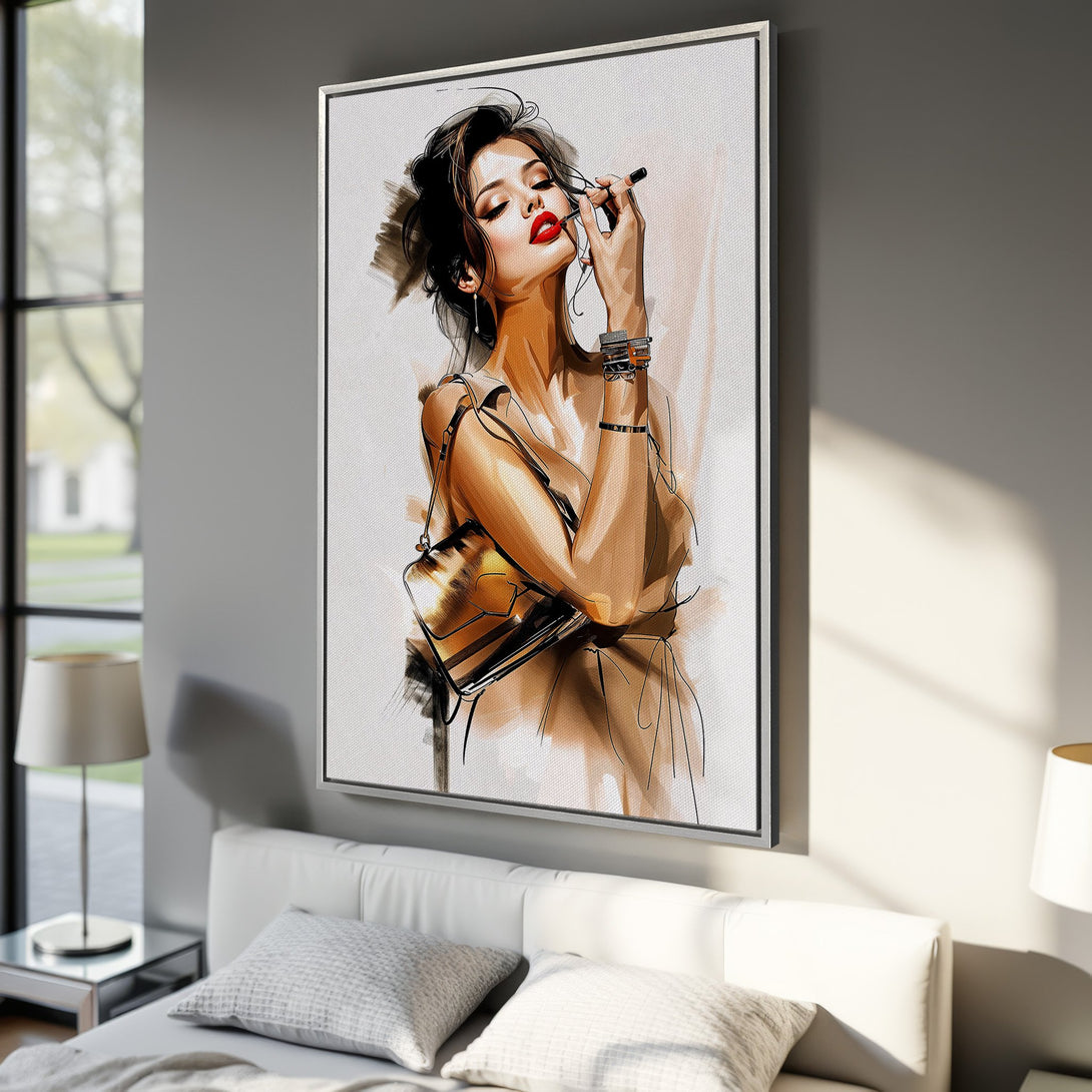 Framed Wall Art: Elegant woman applying lipstick, stylish sketch art with warm neutral & red tones. Perfect bedroom decor. Canvas Print available.