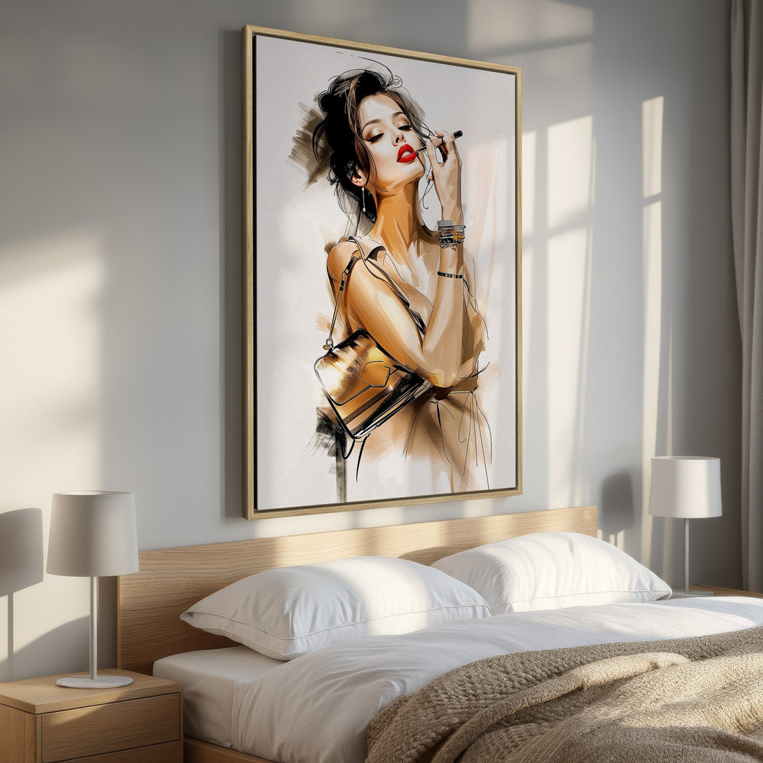 Framed Wall Art: Elegant woman applying lipstick. Stylish sketch art with warm, neutral tones. Perfect bedroom decor. Shop our Canvas Print collection today!