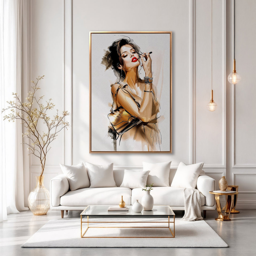 Framed Wall Art: Elegant woman applying lipstick in a modern, sketch-style artwork. Neutral tones with pops of red, perfect for chic home decor.
