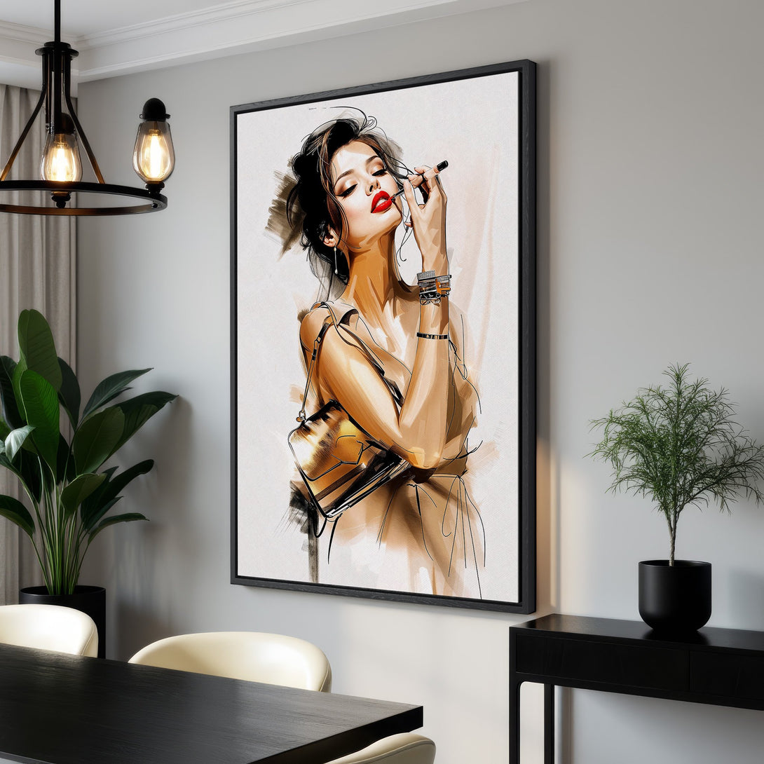 Framed Wall Art featuring a stylish woman applying lipstick. Modern art in a neutral and warm color palette, perfect for interior decor.
