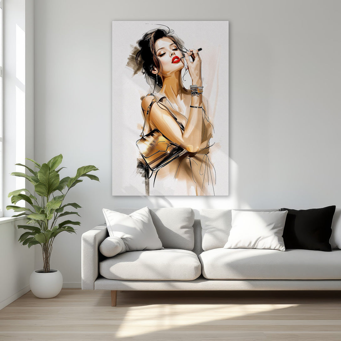 Framed Wall Art: Elegant woman applying lipstick, sketch style, warm neutral tones with pops of red. Perfect for bedroom decor.