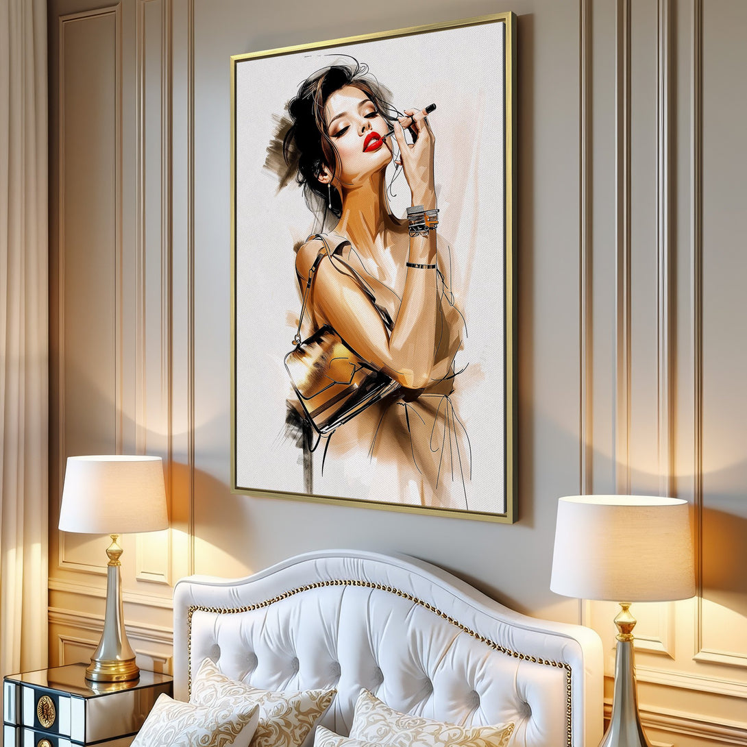 Canvas Print of a stylish woman applying lipstick, art print in neutral tones. Perfect wall art for modern home decor.