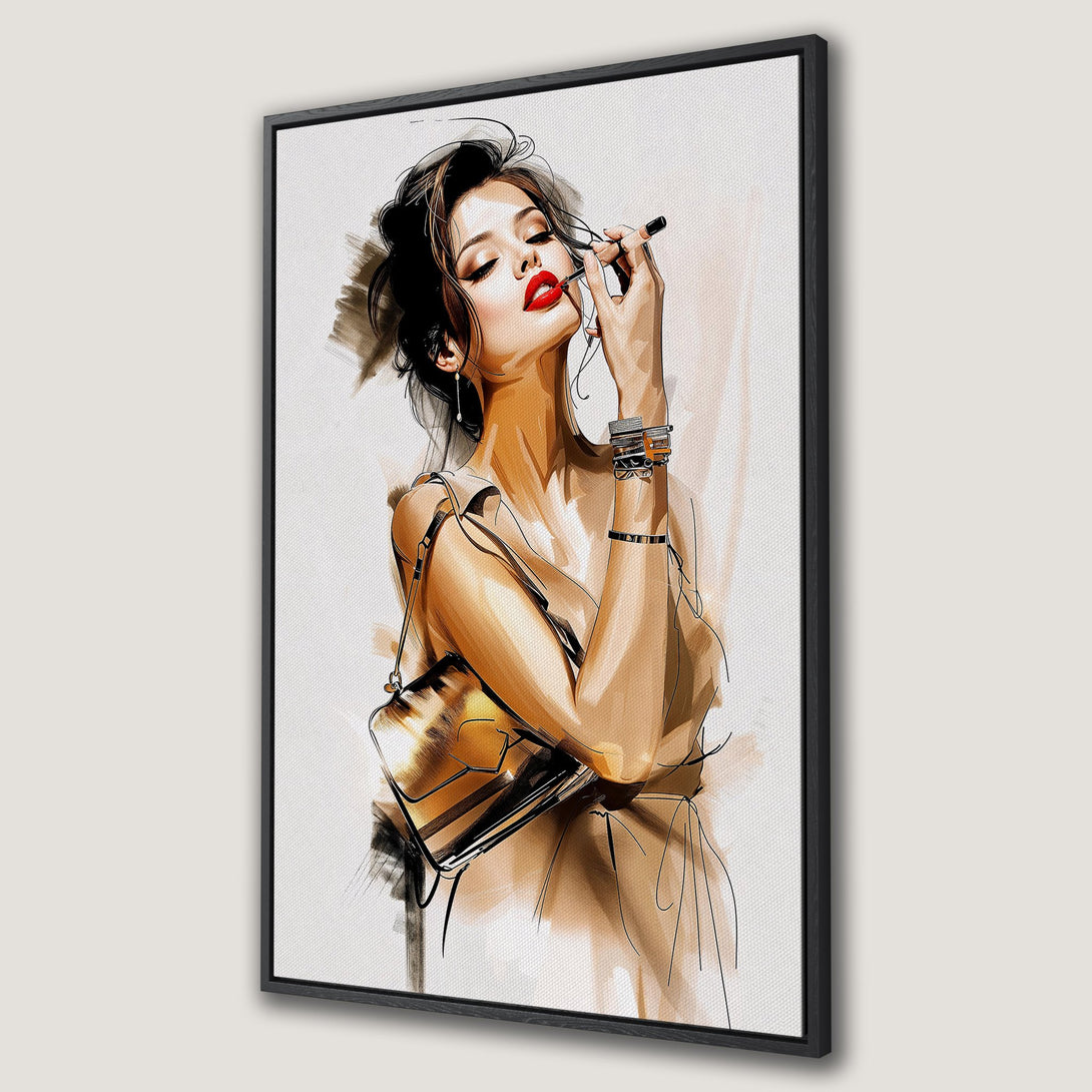 Framed Wall Art: Stylish woman applying lipstick. Modern art style with neutral tones and bold red lips. Perfect for adding a touch of elegance.