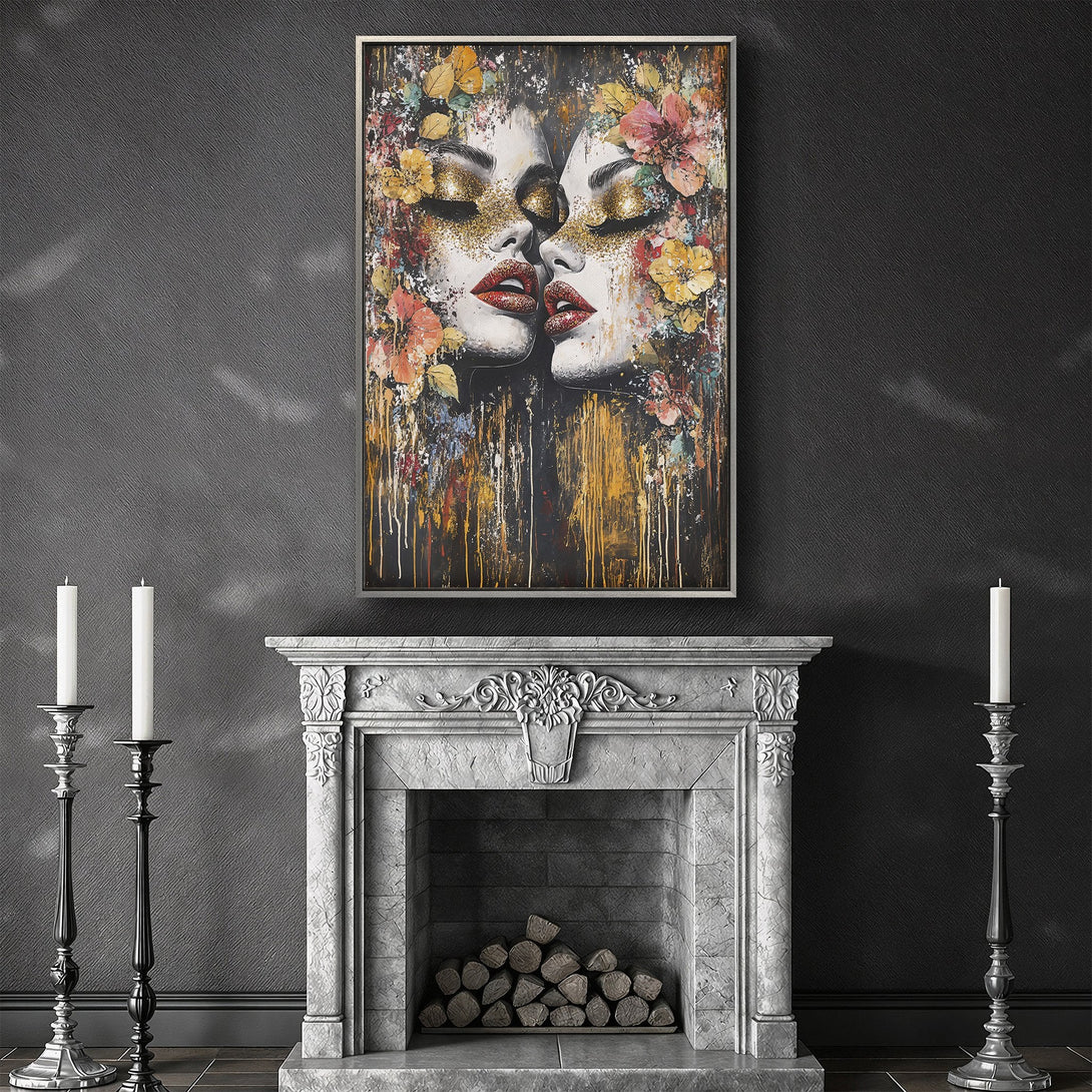 Framed Wall Art featuring a vibrant abstract portrait of two women with floral accents. Warm, rich color palette. Perfect for adding a touch of elegance.