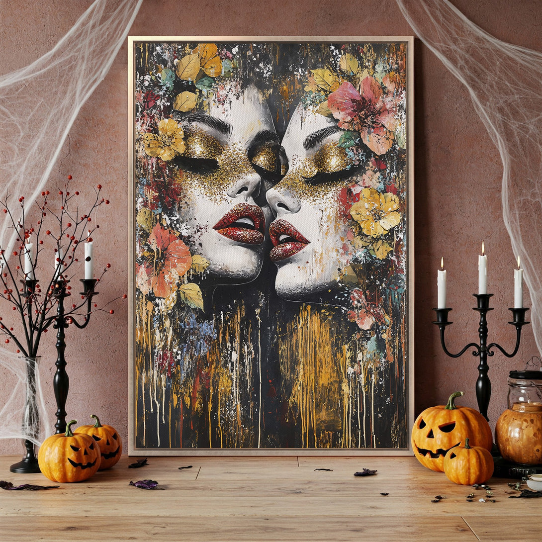 Framed Wall Art featuring abstract portrait of two women with floral accents, gold glitter, and a dark, moody color palette. Perfect for Halloween decor.