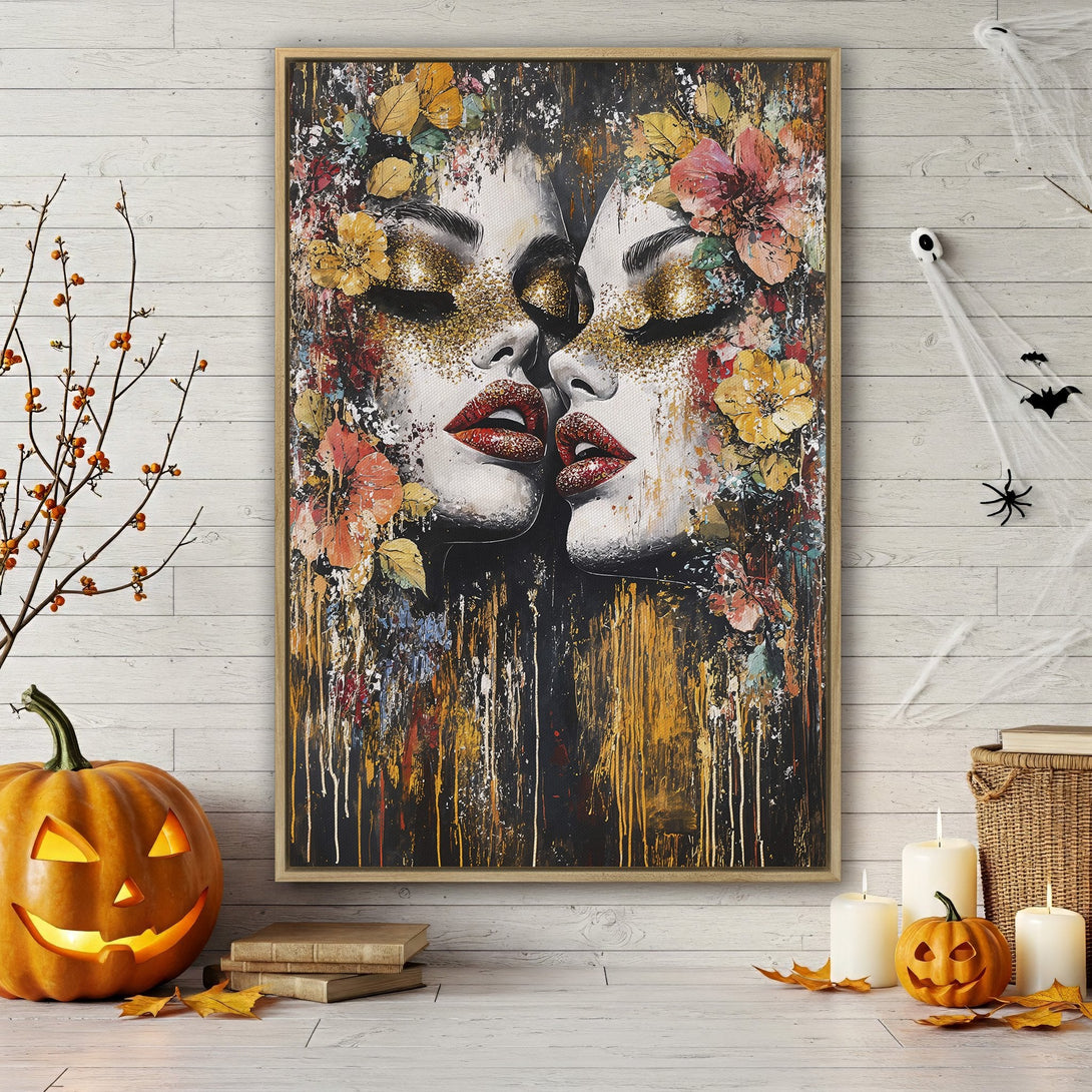 Framed Wall Art featuring abstract faces with floral accents, rich red, gold, and black color palette. Perfect for adding a touch of art to any space.
