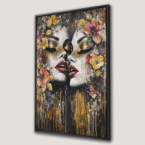 Framed Wall Art featuring a woman's face with floral accents. Bold, abstract style with a gold, red, and black color palette. Perfect for modern decor.