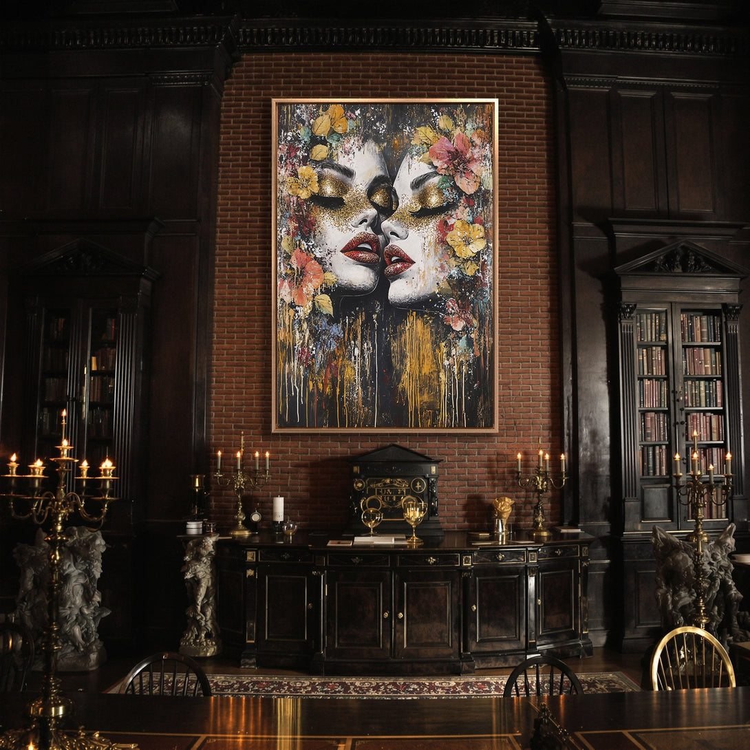 Framed Wall Art: Abstract portrait canvas print with floral accents. Dramatic style, featuring red, gold, and black color palette. Perfect for luxury interior design.