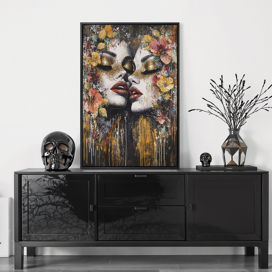 Framed Wall Art featuring a woman's face with floral accents, in a modern, abstract style. Color palette includes gold, red, and black. Perfect for home decor.