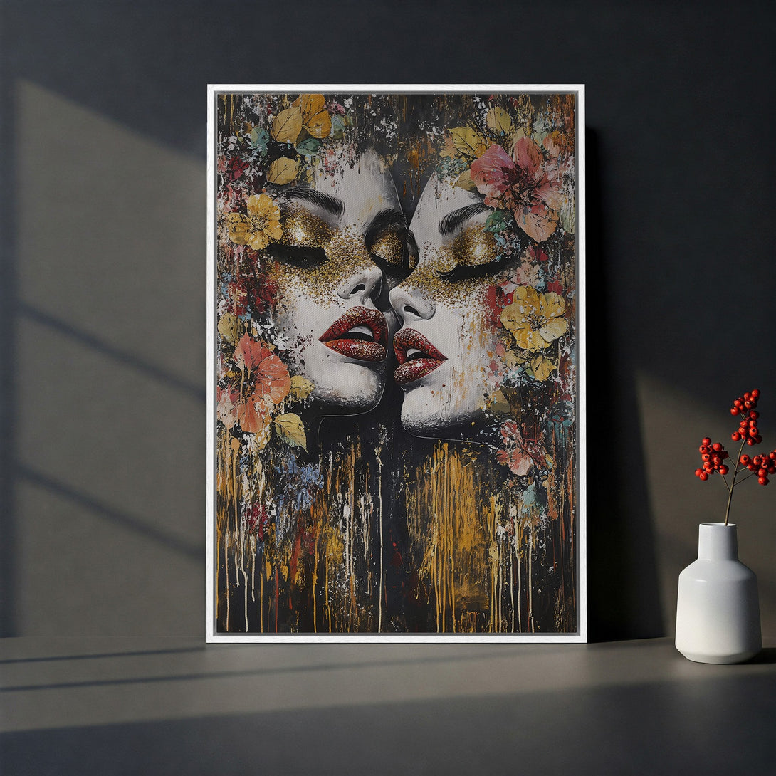 Framed Wall Art: Abstract portrait of two faces with floral accents. Dramatic style, rich color palette of gold, red, and black. Perfect for modern decor.