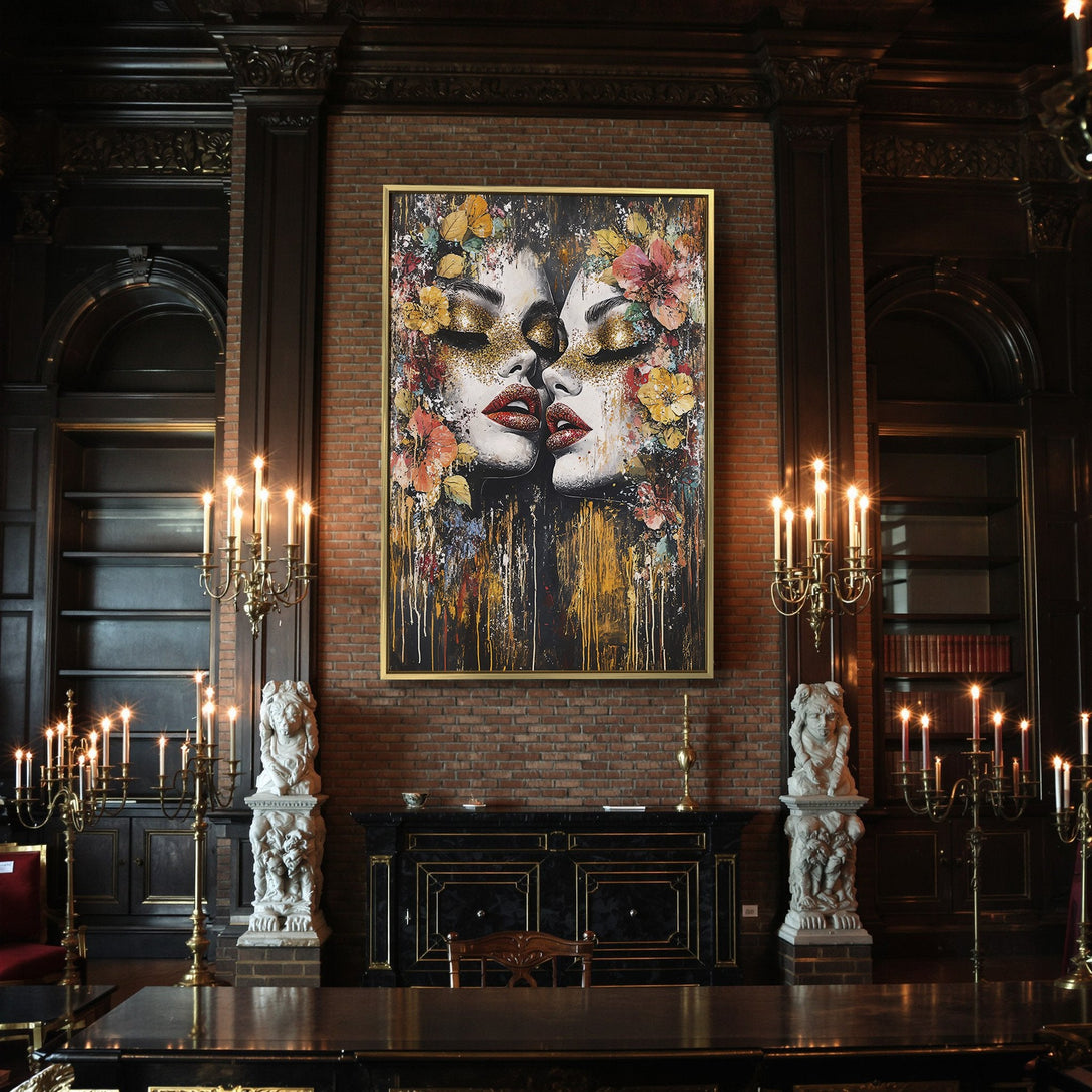 Canvas Print featuring an abstract portrait with floral accents, vibrant red, gold, and black color palette, perfect wall art.