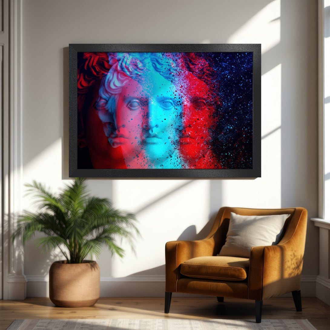 Framed Poster featuring a vibrant, abstract statue in red, blue, and black. Modern art print for your home decor.