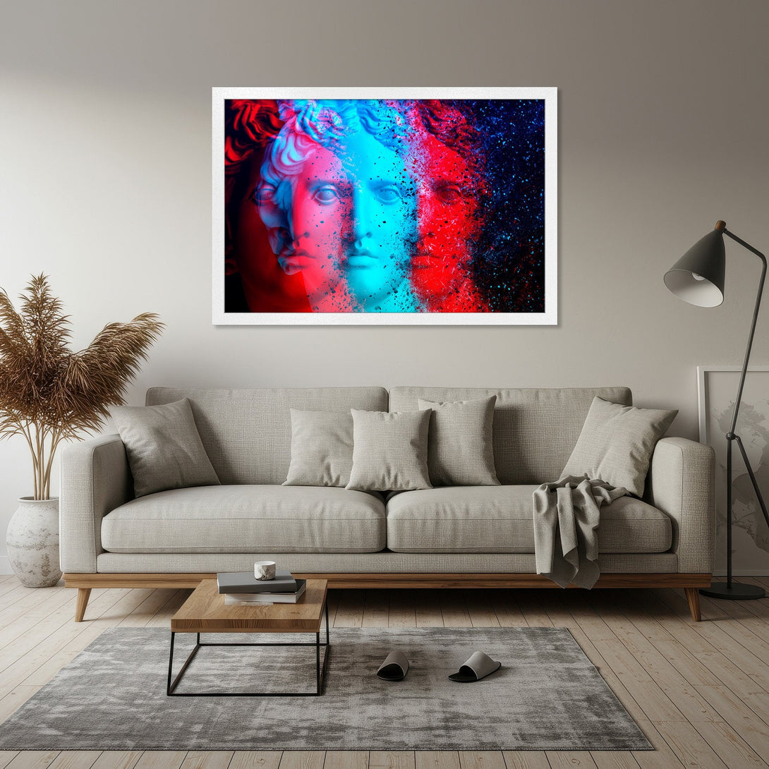 Framed Poster featuring a vibrant, abstract statue in red, blue, and black. Modern art style, perfect for home decor.