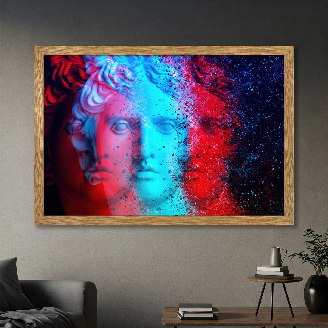 Framed Poster featuring a vibrant, abstract statue in red, blue, and black color palette. Perfect wall art to elevate your space!