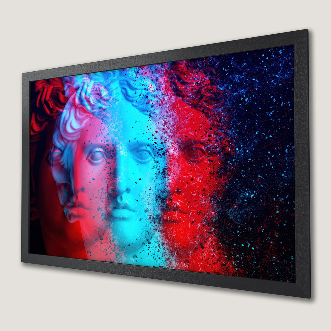 Framed Poster featuring a neoclassical bust in a vibrant red and blue color palette, with a modern, abstract style.