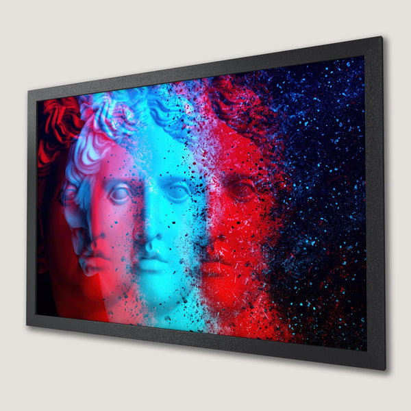 Framed Poster featuring a neoclassical bust in a vibrant red and blue color palette, with a modern, abstract style.