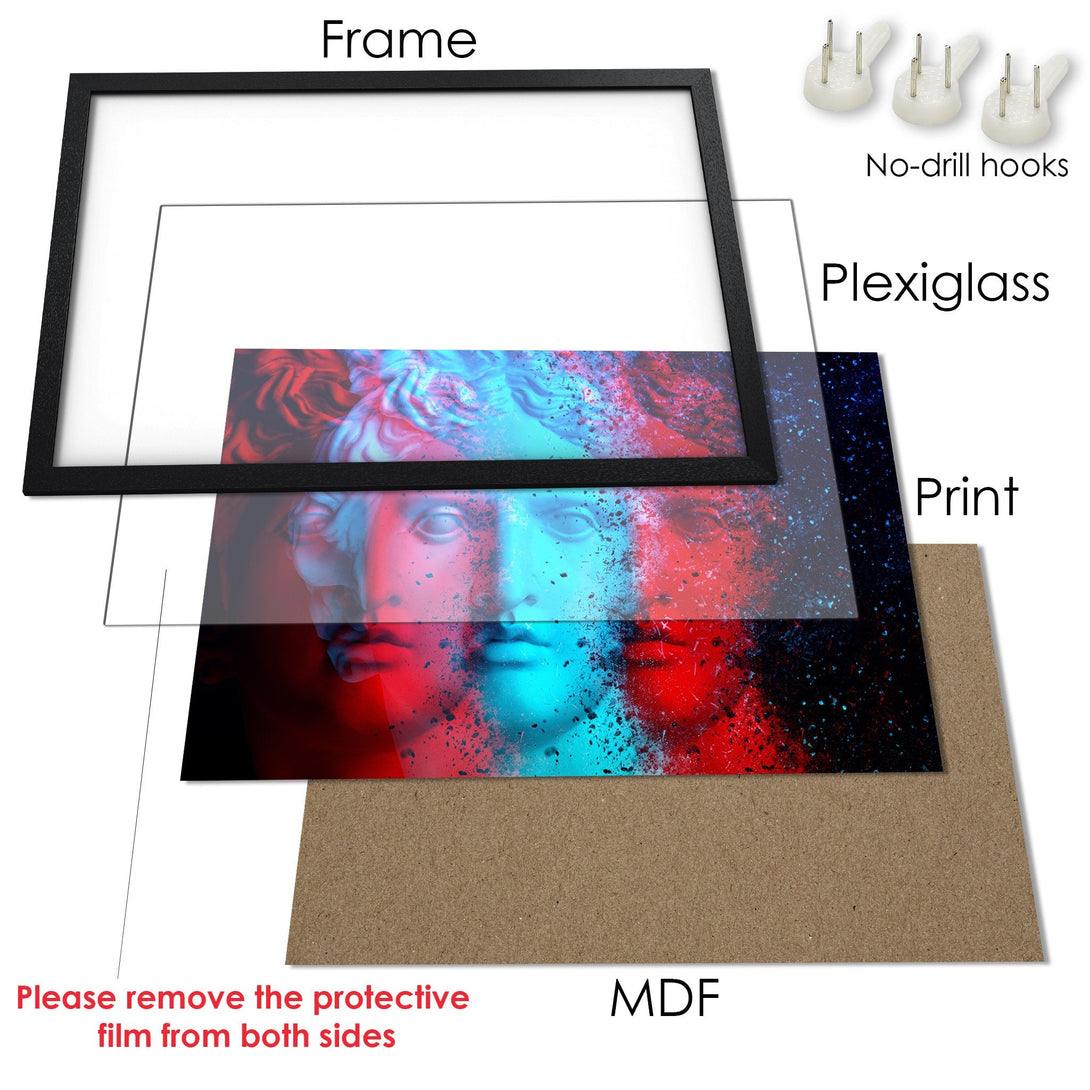 Framed Poster featuring a vibrant, 3D-style bust in red, blue, and black. Modern art print for your home.