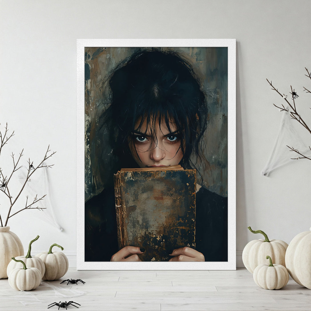 Framed Poster: Dark portrait art with moody palette. Gothic style print featuring a woman with a book. Perfect Halloween decor.