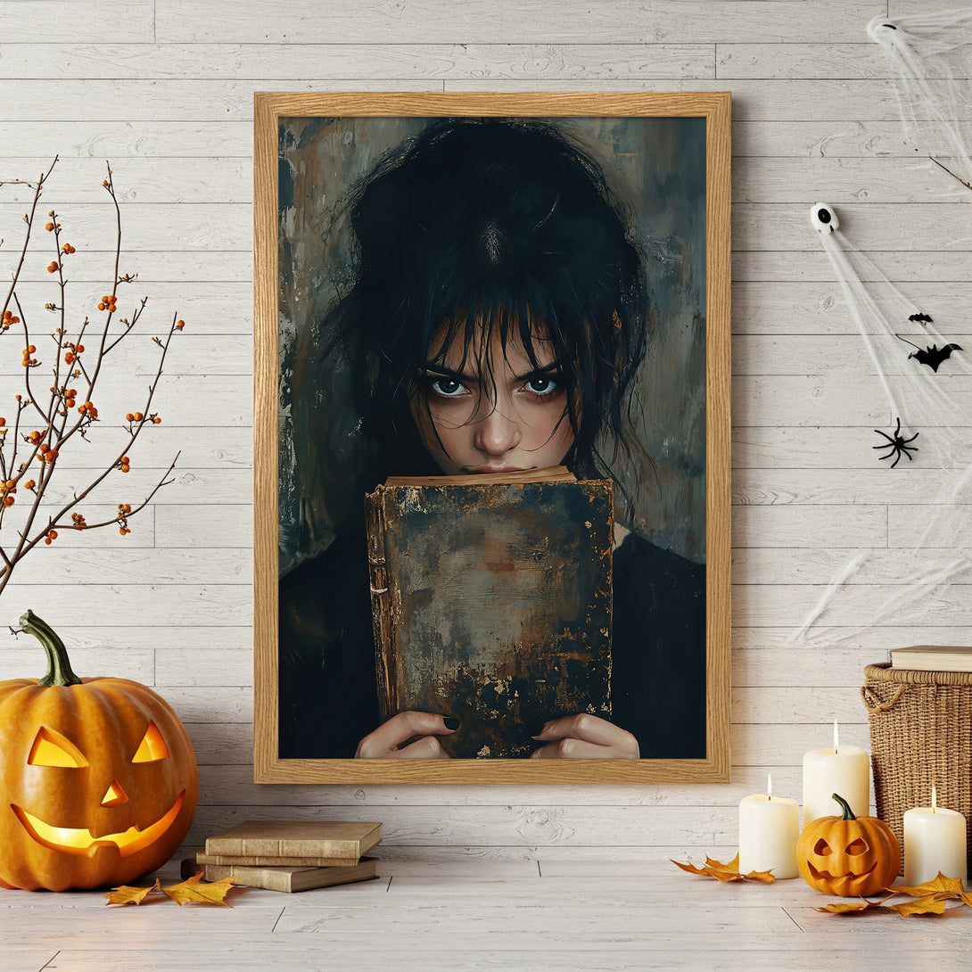Framed Poster featuring a gothic woman with a book, dark style, moody color palette, perfect Halloween decor.