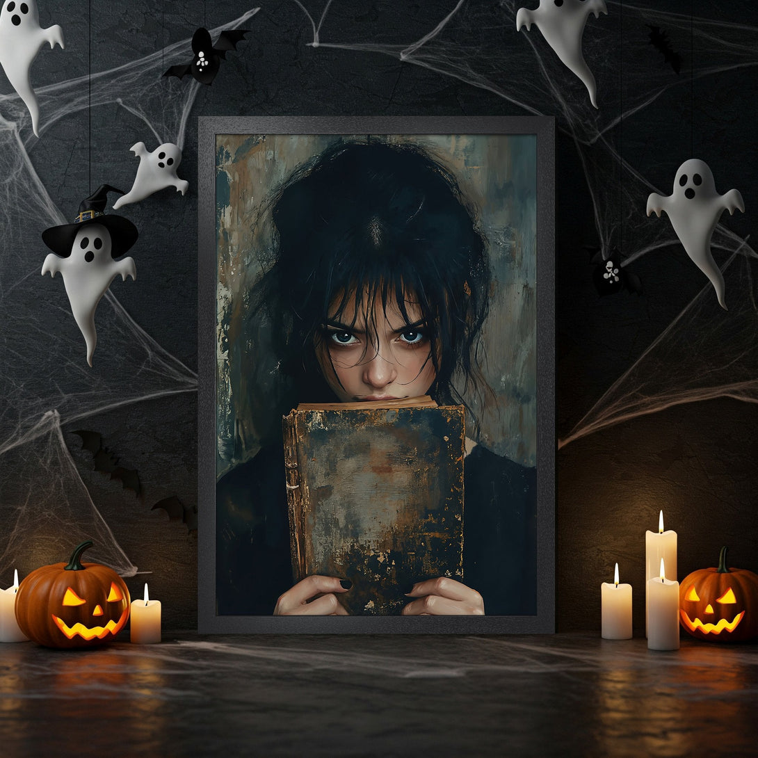 Framed Poster featuring a spooky woman with a book, dark art style, and a moody, dark color palette perfect for Halloween.