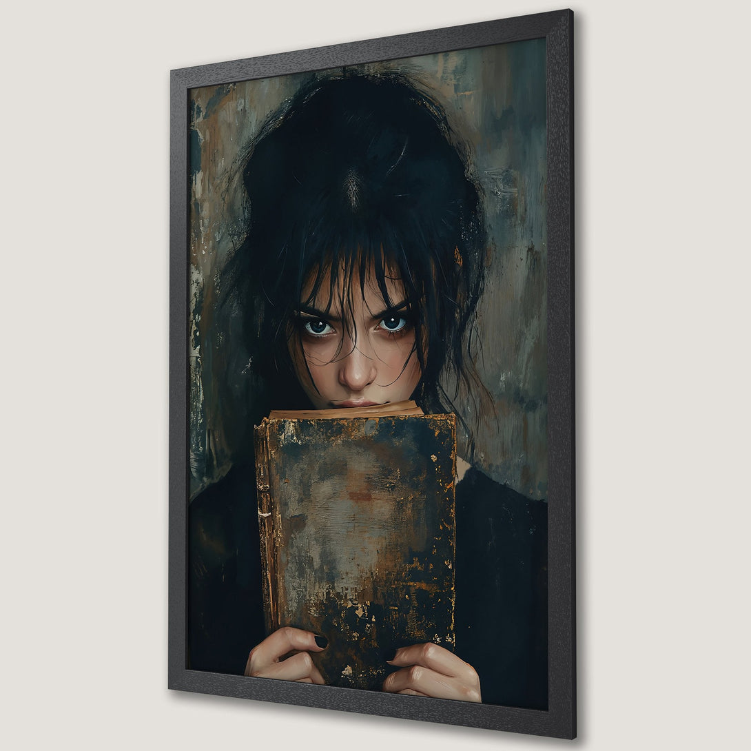 Framed Poster featuring a woman with piercing eyes, holding a book. Moody, artistic style with a dark, muted color palette. Add intrigue to your space!