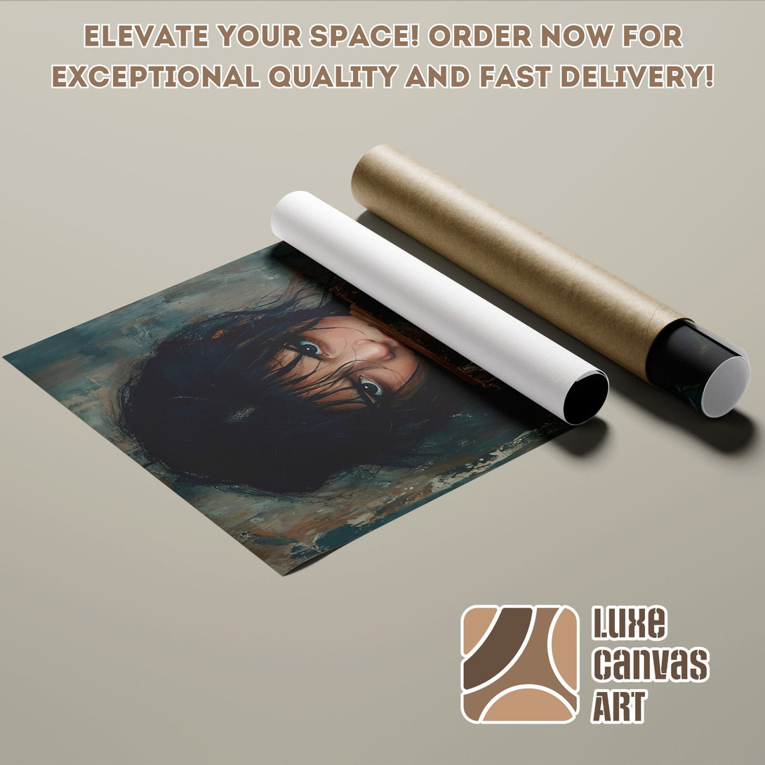 Poster Roll of a woman's face, abstract style, with a moody blue and brown color palette. Order now!