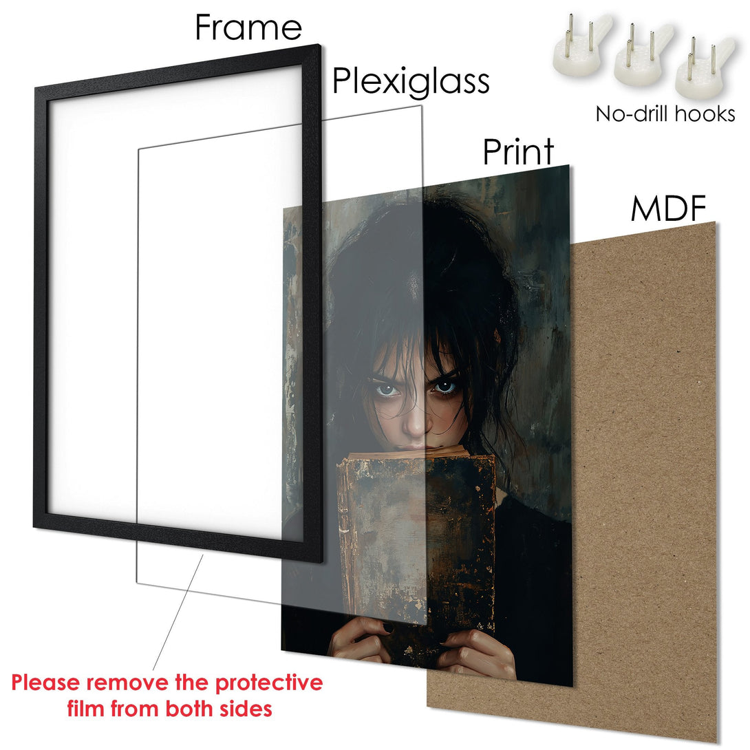 Framed Poster featuring a woman with dark hair, in a moody, artistic style with a dark, muted color palette. Perfect wall art!