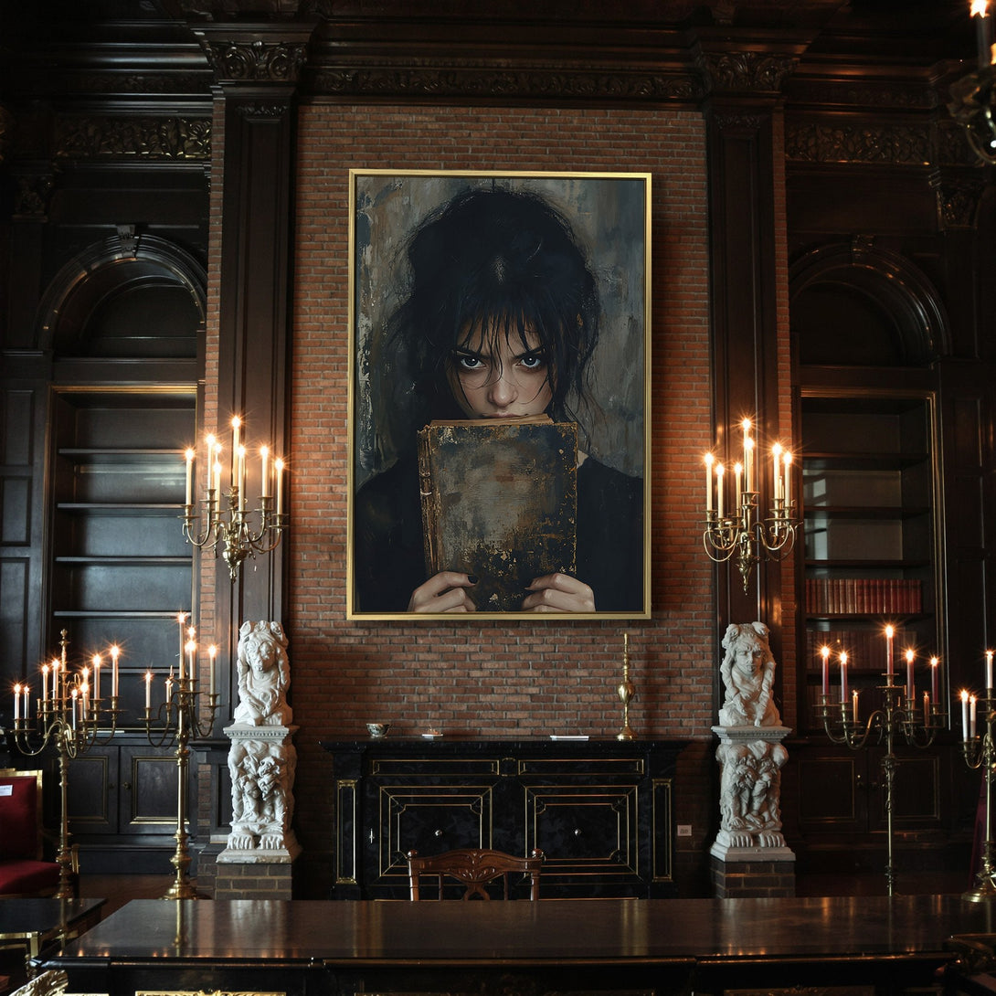 Canvas Print: Gothic portrait of a woman with a book, dark and moody art with a muted color palette, perfect for Halloween decor.