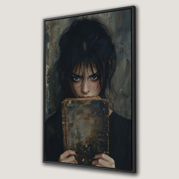 Framed Wall Art of a woman with piercing eyes, holding a book. Moody, dark aesthetic with a muted, earthy color palette. Perfect for adding drama to your space.