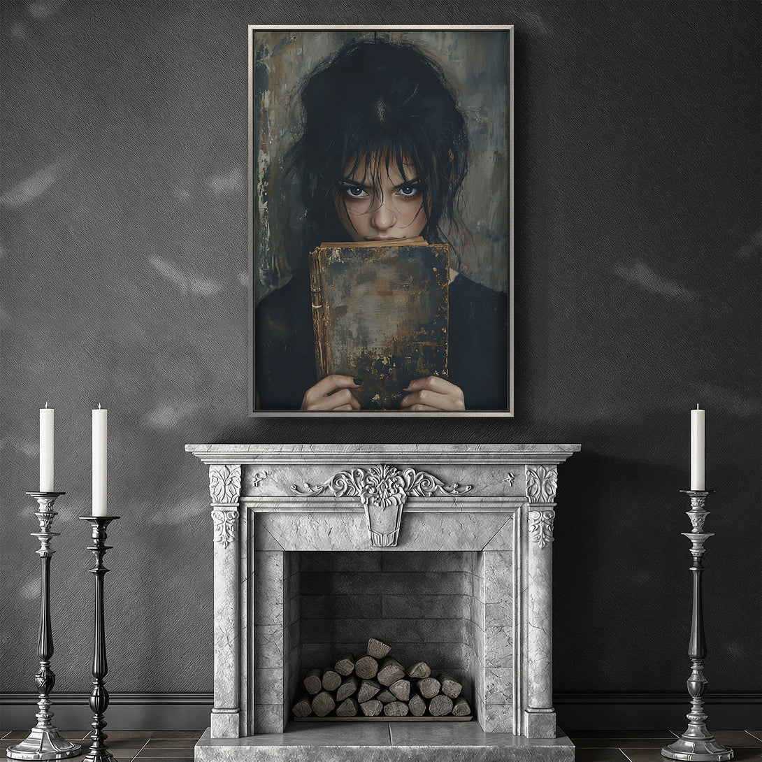 Framed Wall Art featuring a mysterious woman with a book. Dark, moody palette with gray, black, and muted earth tones. Perfect gothic decor.