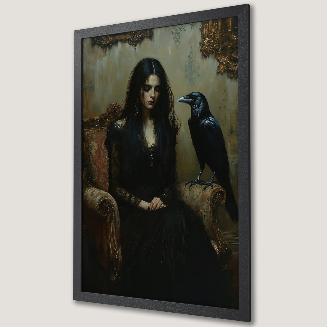 Framed Poster featuring a gothic woman with a raven, in a dark, moody style with a muted, earthy color palette. Perfect for adding a touch of mystery.