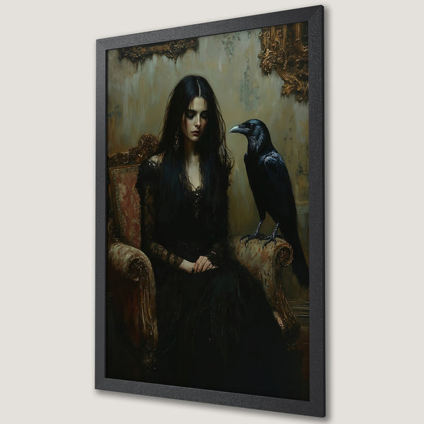 Framed Poster featuring a gothic woman with a raven, in a dark, moody style with a muted, earthy color palette. Perfect for adding a touch of mystery.