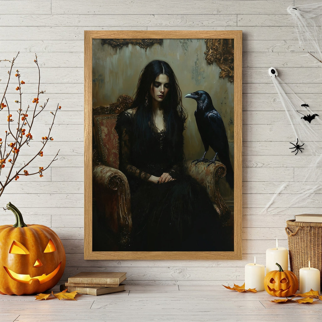 Framed Poster featuring a gothic woman with a raven, dark and moody art, perfect for Halloween decor.