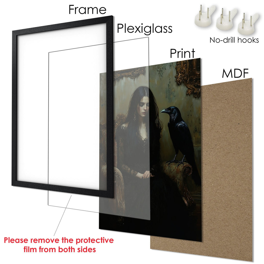 Framed Poster featuring a gothic woman with a raven, in a dark, moody color palette. Ready to hang art for your home!