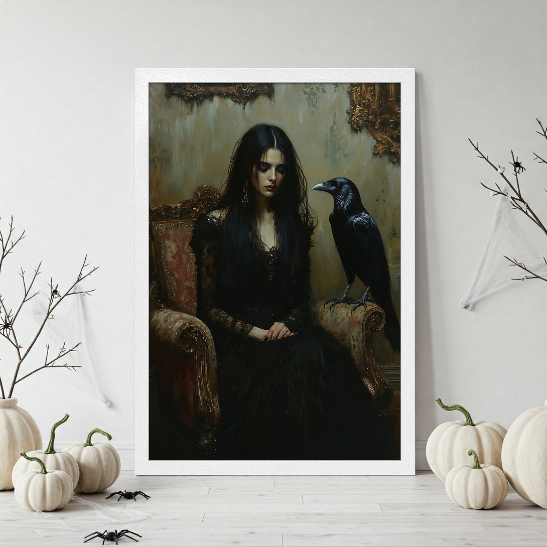 Framed Poster: Gothic woman with raven, vintage style, moody color palette. Perfect Halloween decor!