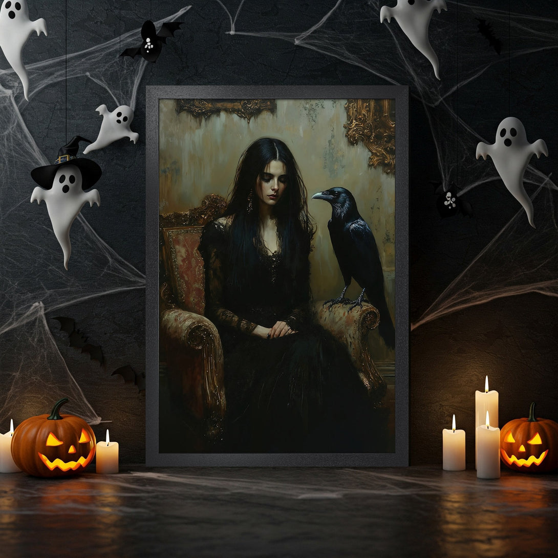 Framed Poster of a gothic woman with a raven. Dark, moody art in a black and gold color palette. Perfect Halloween decor.