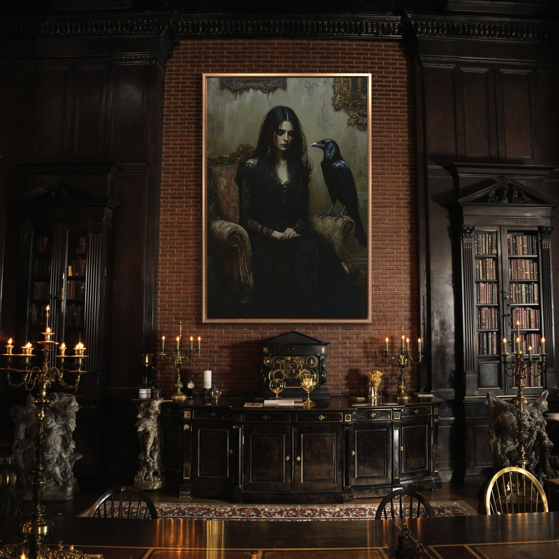 Framed Wall Art featuring a gothic portrait of a woman with a raven, displayed in a dark, moody interior. Rich, dark color palette, perfect for adding drama.