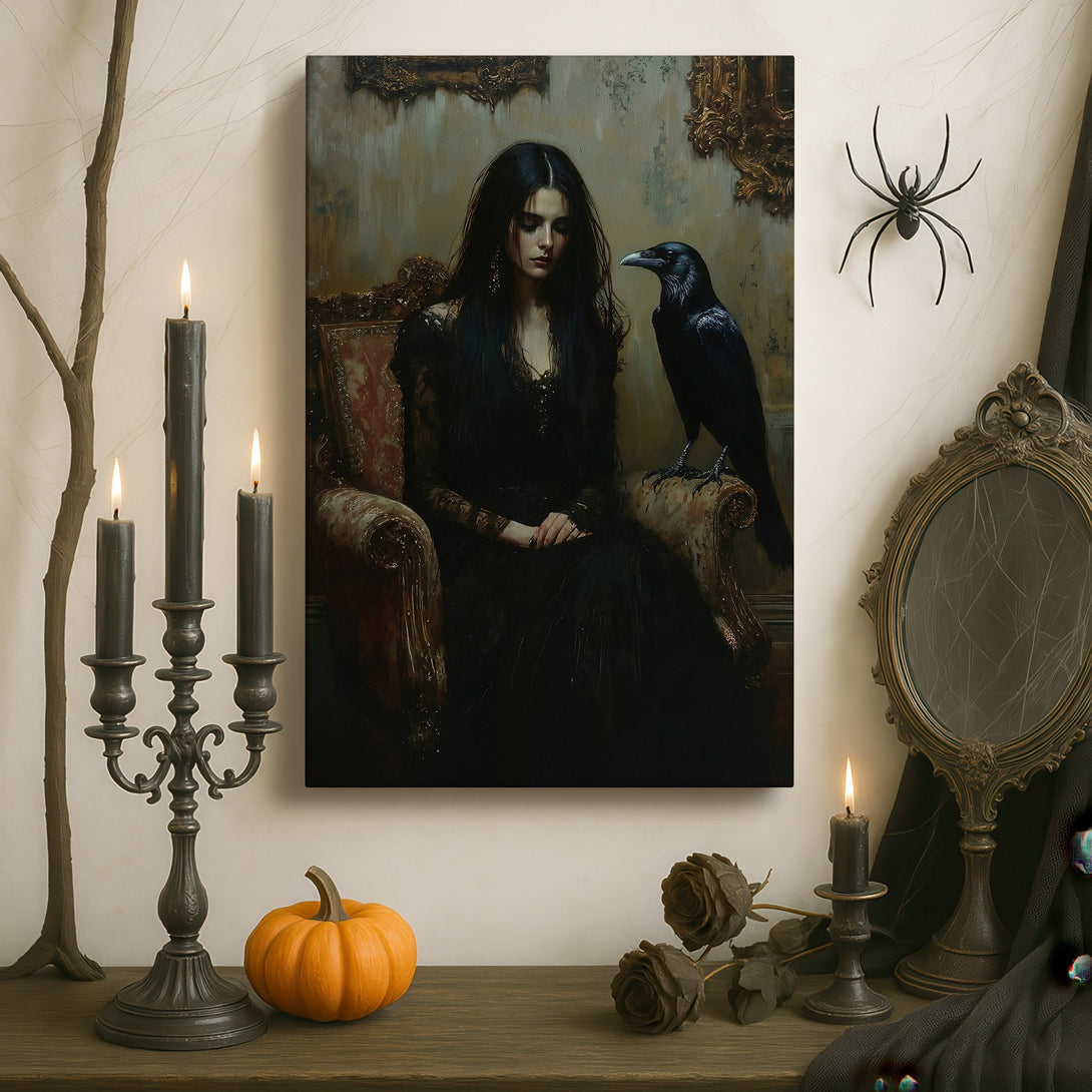 Framed Wall Art: Gothic portrait of a woman with a raven. Dark, moody color palette. Perfect for adding a touch of mystery to your space.