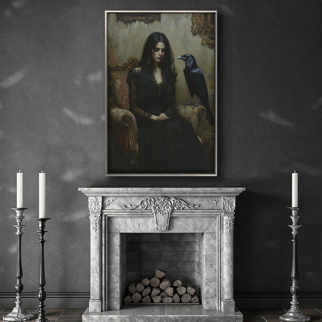 Framed Wall Art: Gothic portrait of a woman with a raven, dark and moody style, featuring a black and grey color palette. Perfect for a dramatic interior!