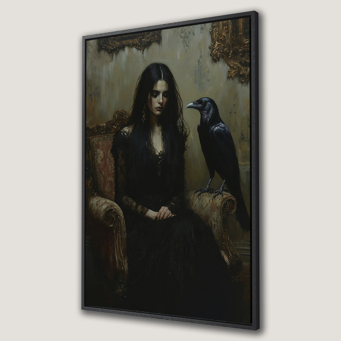 Framed Wall Art: Gothic woman with raven in dark, moody tones. Vintage style canvas print with black frame, perfect for adding a touch of mystery to your home.