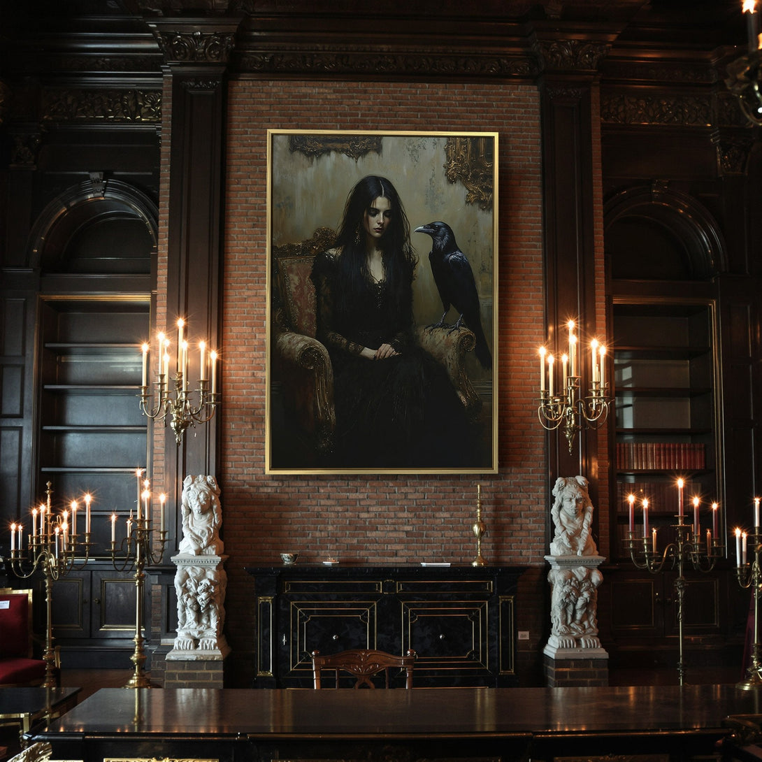 Canvas Print: Gothic portrait of a woman with a raven in a moody, dark color palette. Perfect for Halloween decor or adding a touch of mystery.