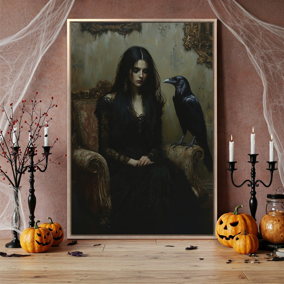 Framed Wall Art: Gothic portrait of a woman with a raven, dark and moody color palette. Perfect Halloween decor! Add a touch of mystery to your space.