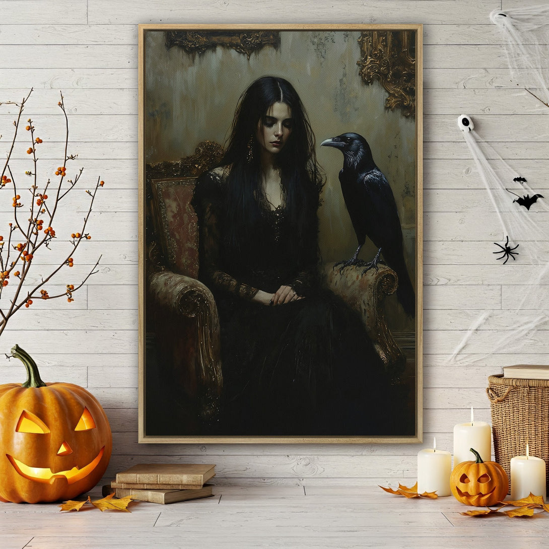 Framed Wall Art: Gothic woman with raven in dark tones. Perfect Halloween decor. Add a touch of mystery to your space with this Canvas Print.