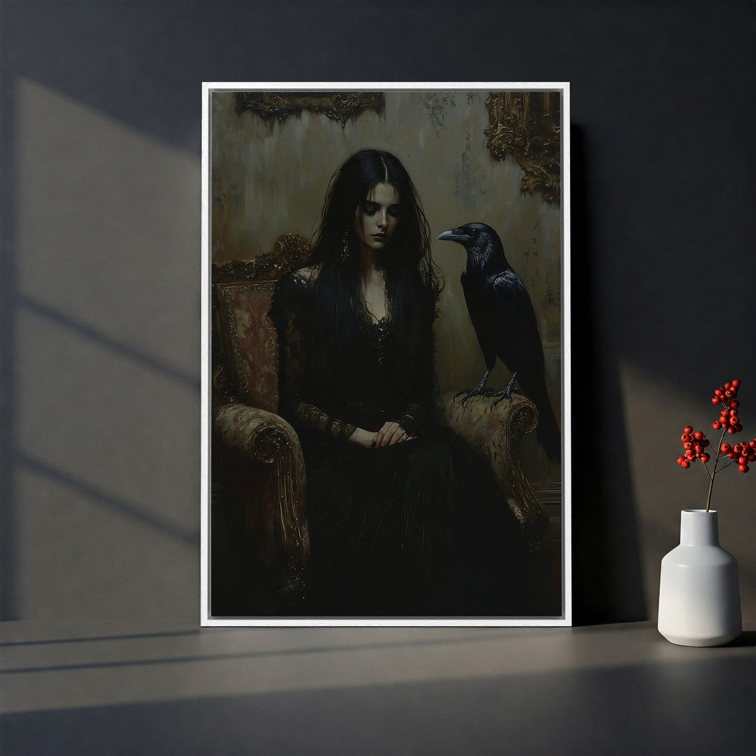 Framed Wall Art: Gothic portrait of woman with raven. Dark, moody canvas print with black and gold tones. Perfect for adding a touch of mystery to your space.