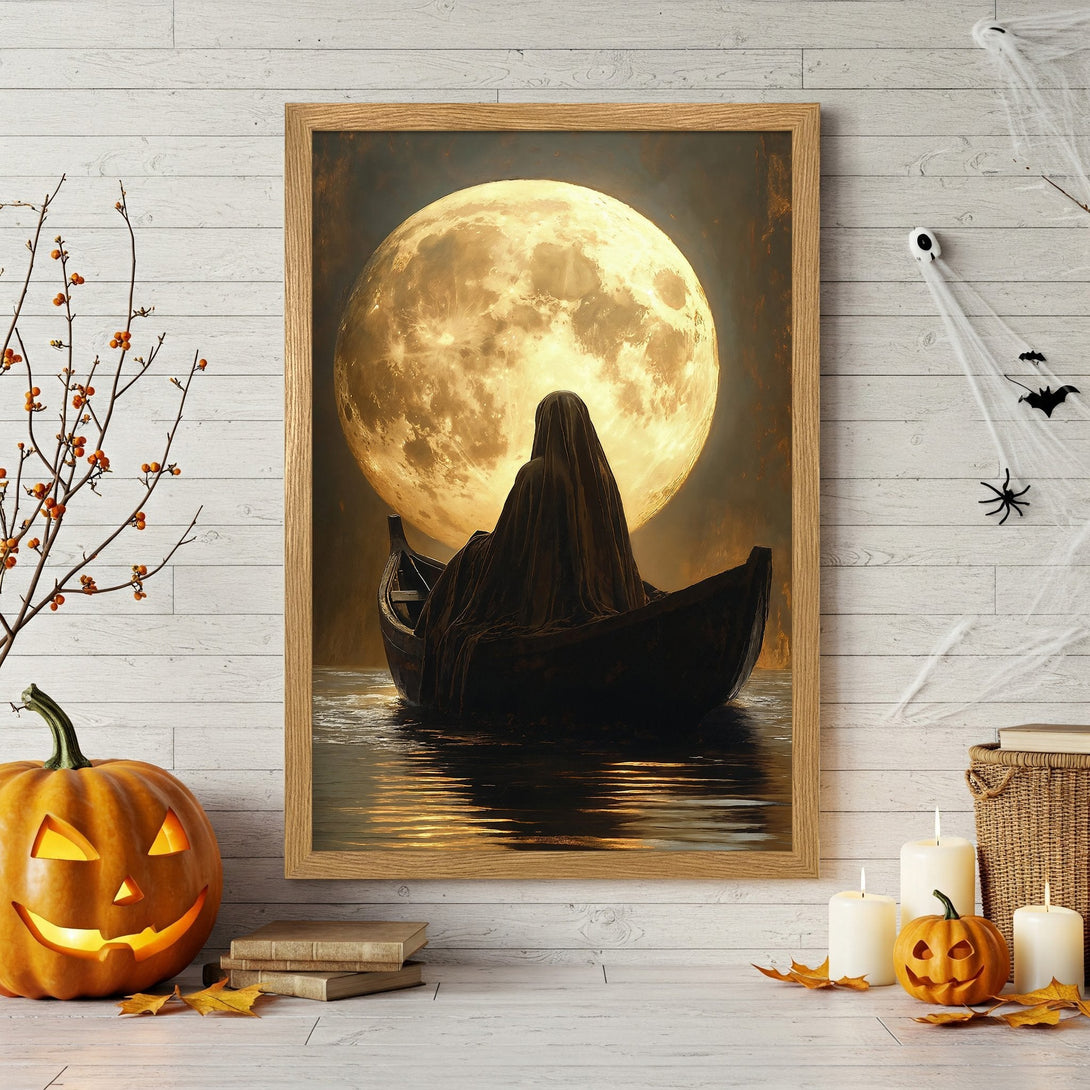 Framed Poster: Spooky Halloween art with a figure in a boat under a full moon. Dark & moody style, warm gold & black color palette. Perfect for your decor!