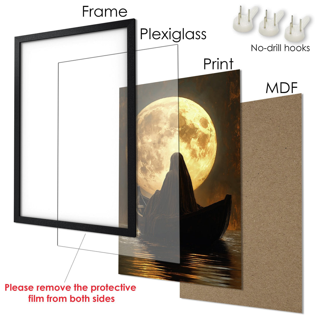 Framed Poster featuring a surreal moonlit scene in warm tones. Perfect wall art for any room. Includes frame, plexiglass, and MDF.