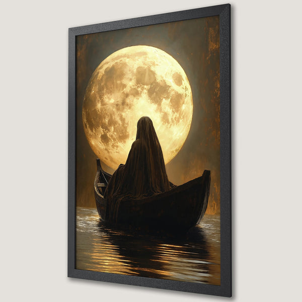 Framed Poster: Mystical art print of figure on boat under moon. Warm gold & black color palette. Perfect for home decor.