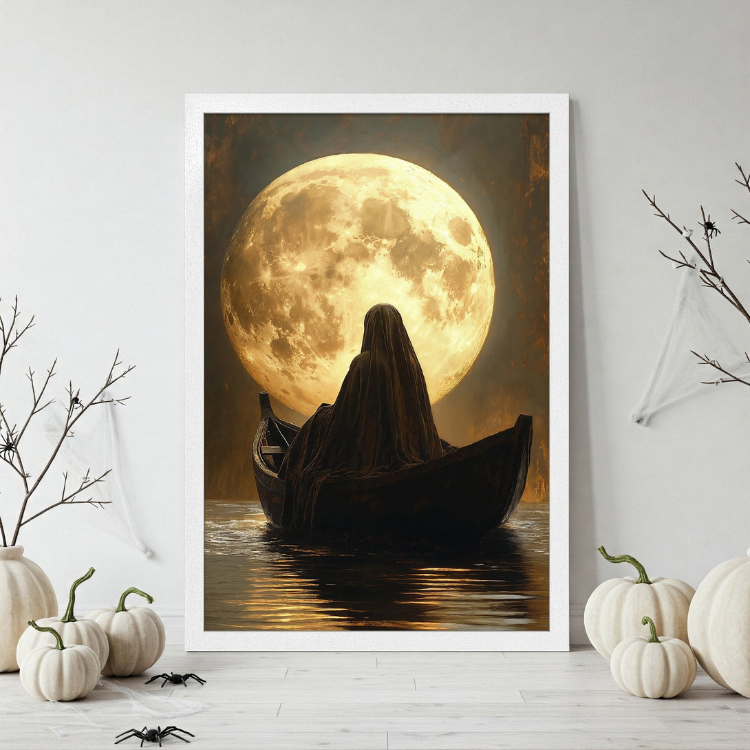 Framed Poster featuring a spooky figure on a boat with a full moon. Dark, moody art with gold and brown tones. Perfect Halloween decor!