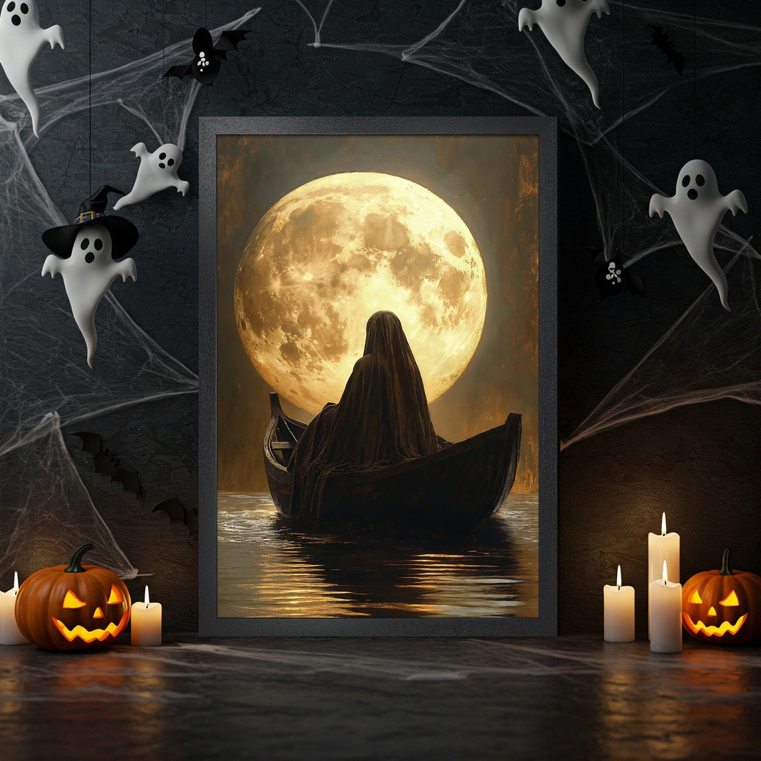 Framed Poster featuring a spooky scene with a figure in a boat under a full moon, in a warm, dark color palette, perfect for Halloween.